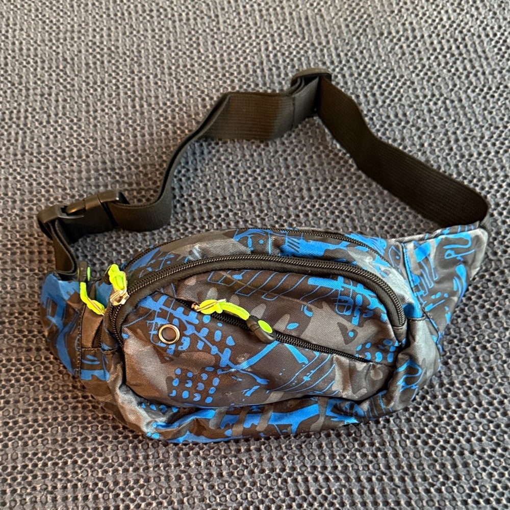 Kids Blue & Black Patterned Waist Pack with Neon Accents